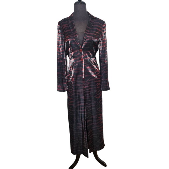 ZAFIR London Vtg Duster Jacket UK 10 US 6 Zebra Print Shiny Glam Rock Goth Femme - Picture 1 of 10